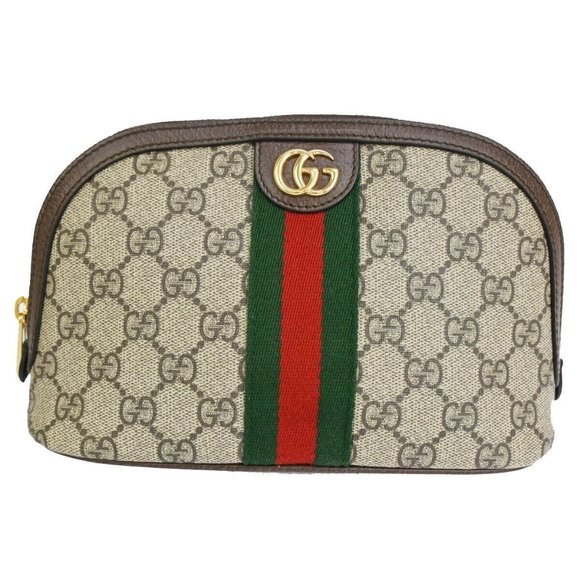 GUCCI Ophidia GG Pattern Cosmetic Pouch Supreme Leather Brown Gold Italy 88RJ376 - Picture 1 of 12